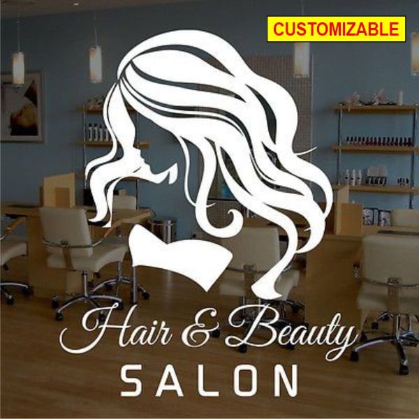 Hair Salon Décor - Custom Name Wall Decal Beauty Salon - Sticker Logo Lettering - Scissors Art Fashion Girl Woman Vinyl Decals